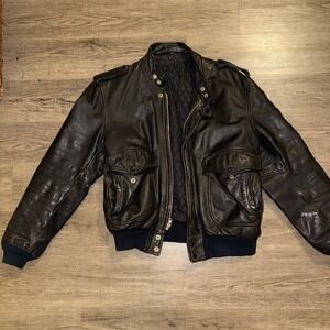 HEIN GERICKE BLACK LEATHER MOTORCYCLE BOMBER JACKET 40 L Vintage